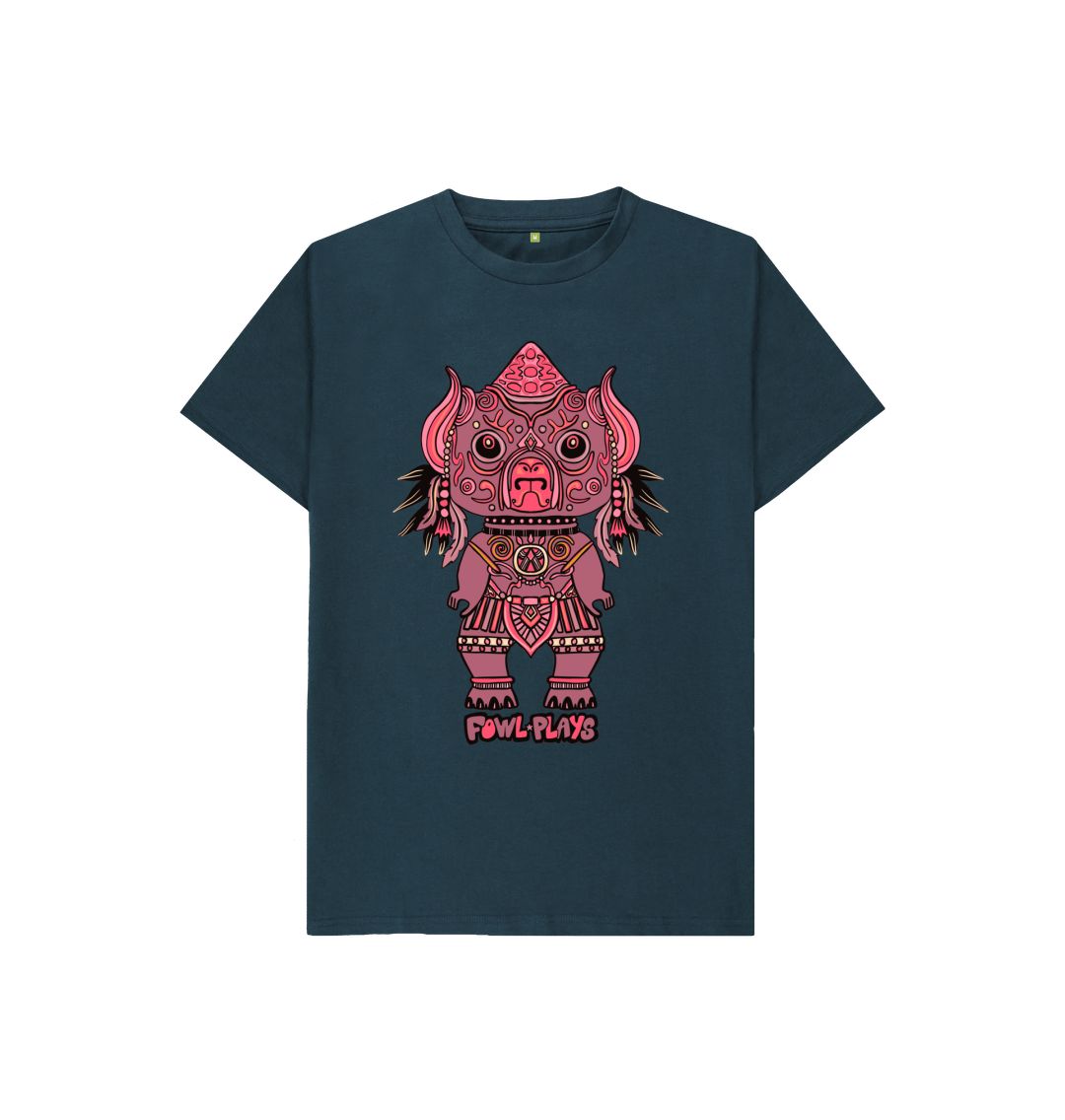 Organic Cotton Denim Blue Kids T-shirt featuring Tribal Pig Statue by Fowl Plays - Sustainable Fashion and Art At Fowl Plays