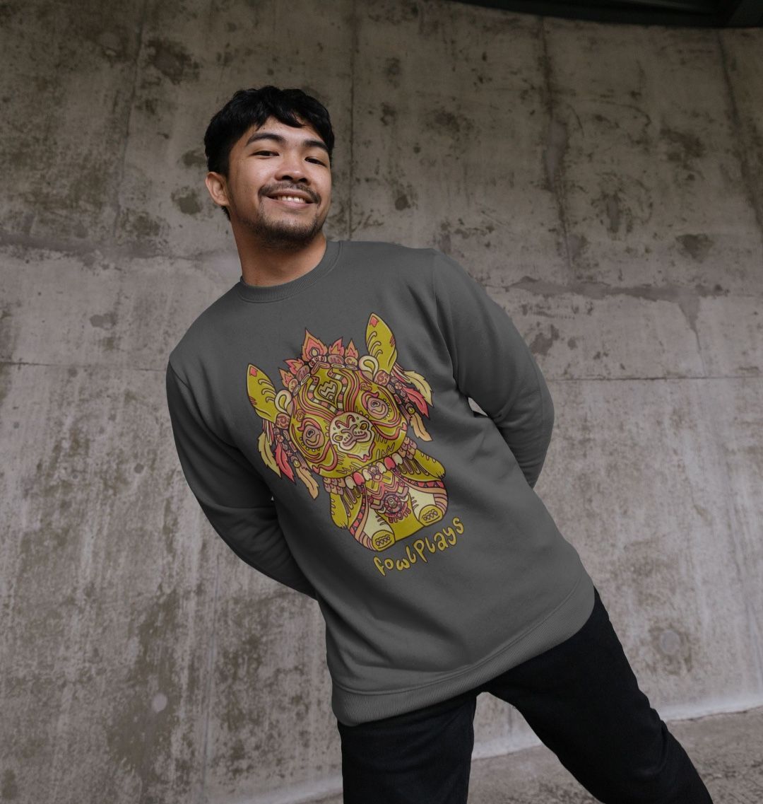 Organic Cotton Slate Grey Sweater featuring a Bunny Bear Forest Spirit by Fowl Plays - Sustainable Fashion and Art At Fowl Plays