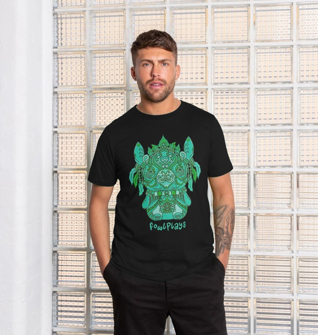 Organic Cotton Black Recycled T-shirt featuring a Bunny Bear Forest Spirit by Fowl Plays - Sustainable Fashion and Art At Fowl Plays