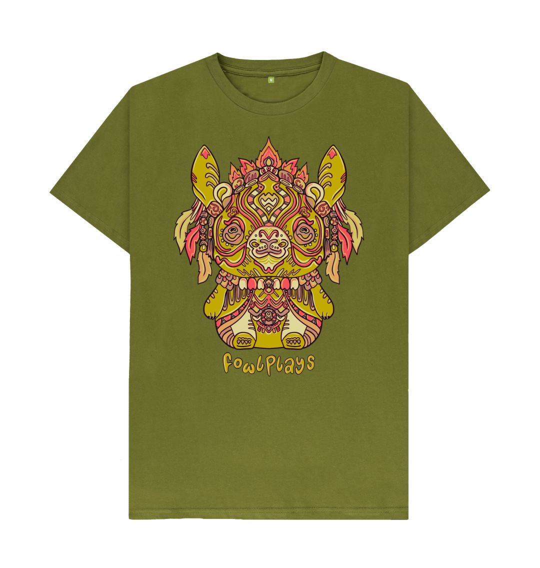 Organic Cotton Moss Green T-shirt featuring a Bunny Bear Forest Spirit by Fowl Plays - Sustainable Fashion and Art At Fowl Plays.