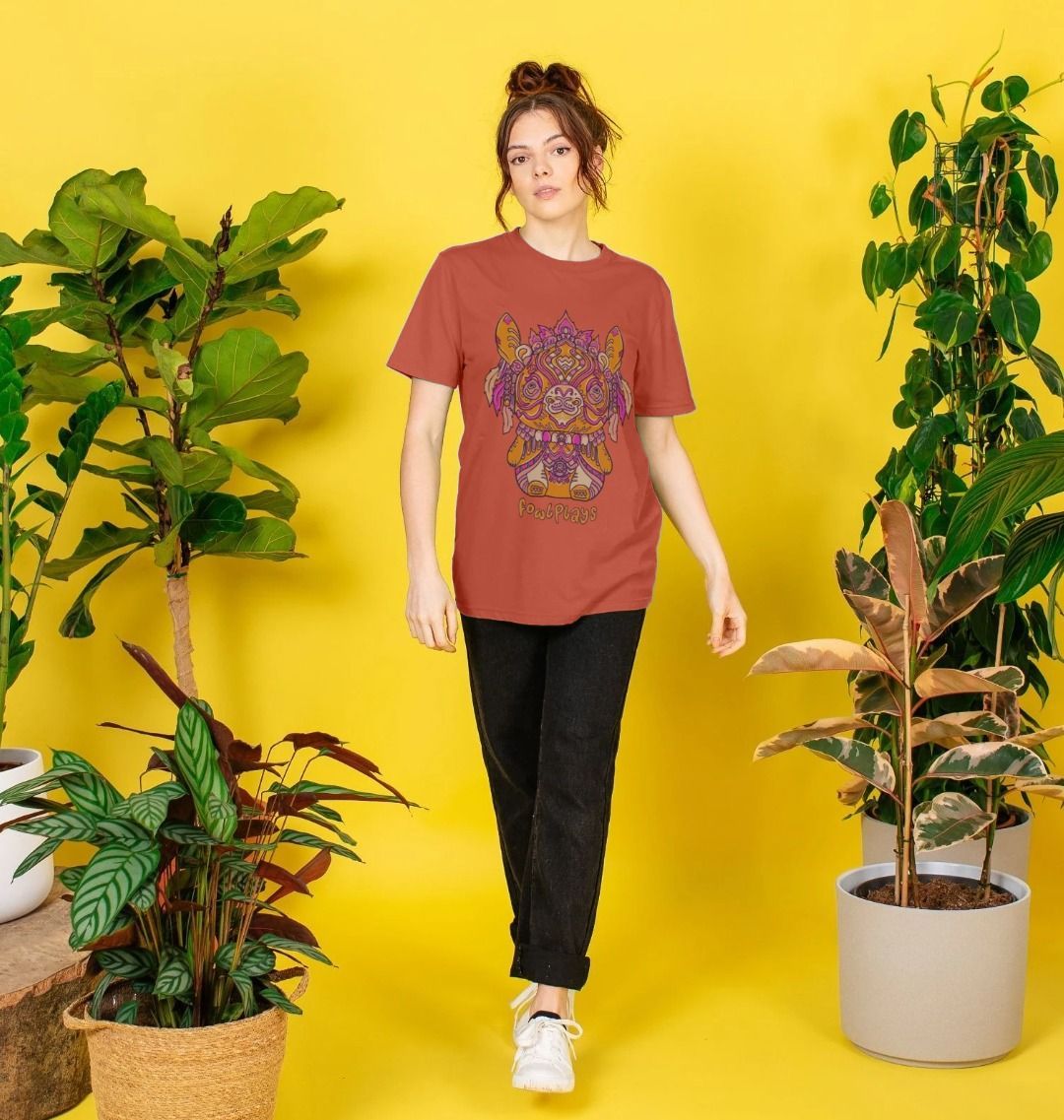 Organic Cotton Rust T-shirt featuring a Bunny Bear Forest Spirit by Fowl Plays - Sustainable Fashion and Art At Fowl Plays