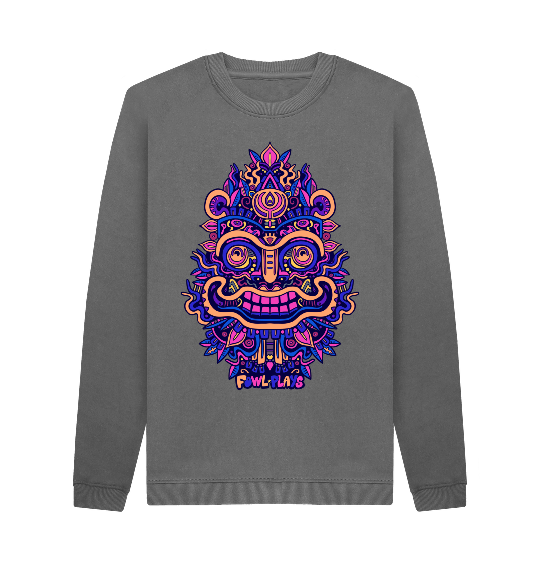 Slate Grey Smiling Mask Organic Cotton Unisex Sweater Purple Print