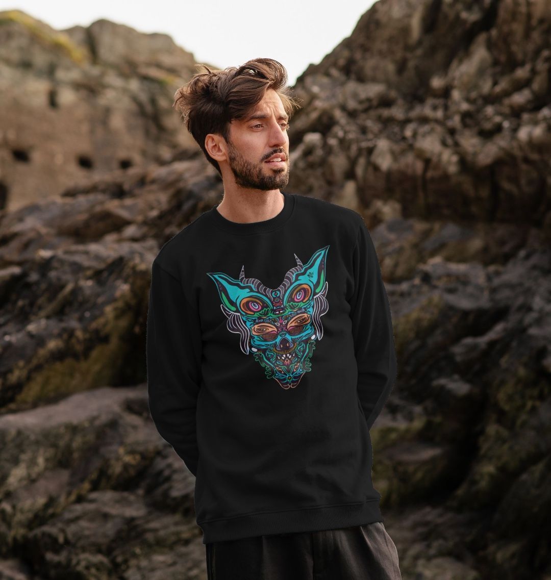 Organic Cotton Black Sweater featuring Cyberpunk Dog Boy by Fowl Plays - Sustainable Fashion and Art At Fowl Plays