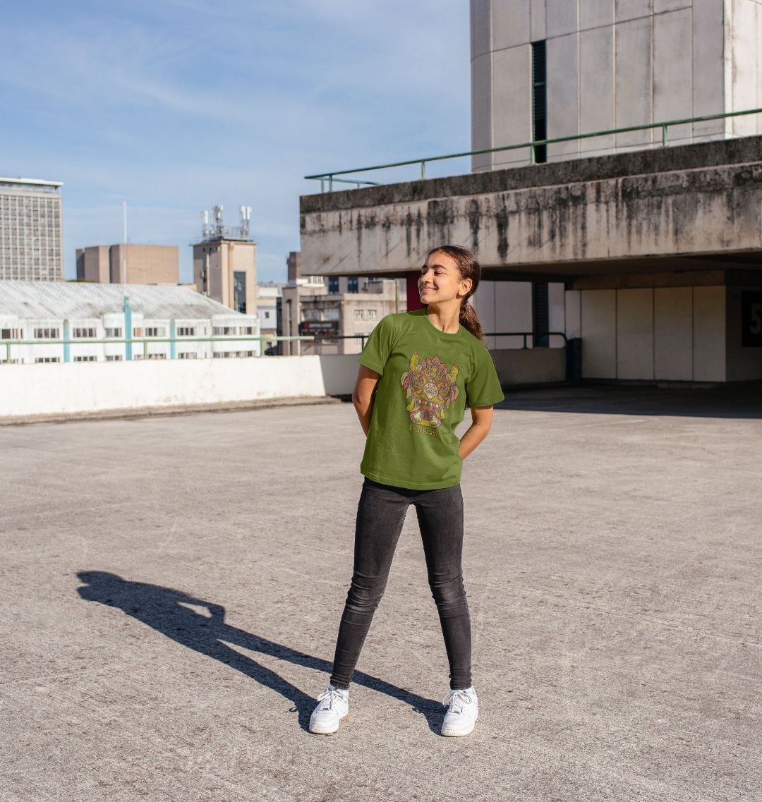 Cotton Moss Green Kids T-shirt featuring a Bunny Bear Forest Spirit by Fowl Plays - Sustainable Fashion and Art At Fowl Plays.