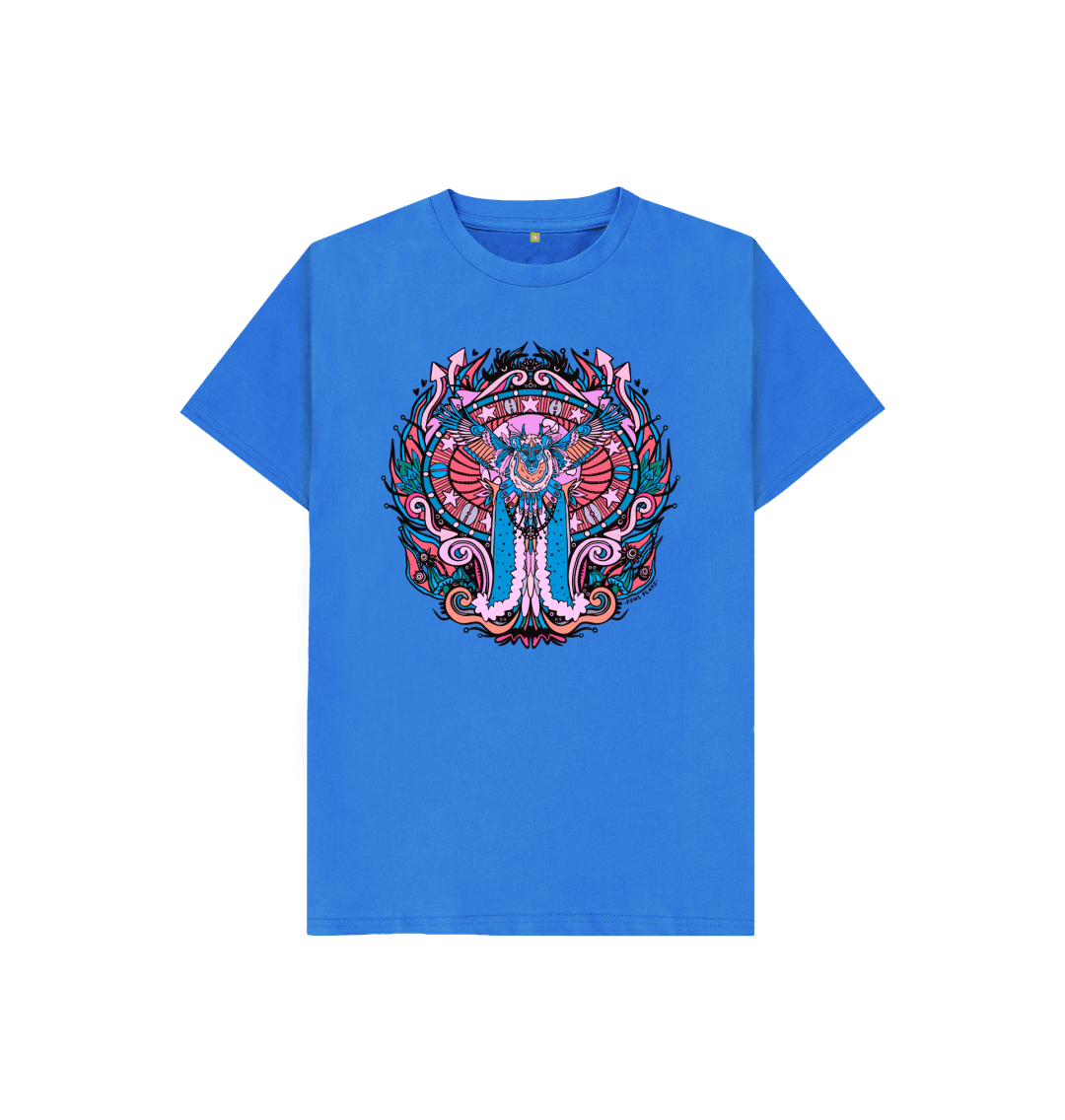 Flying Fire Lion by Fowl Plays on Kids Bright Blue Organic Cotton Unisex T-shirt Sustainable Fashion and Art At Fowl Plays