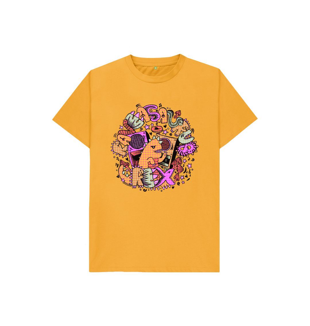 Organic Cotton Mustard Kids T-shirt featuring Raveasaurus Rex Orange by Fowl Plays - Sustainable Fashion and Art At Fowl Plays