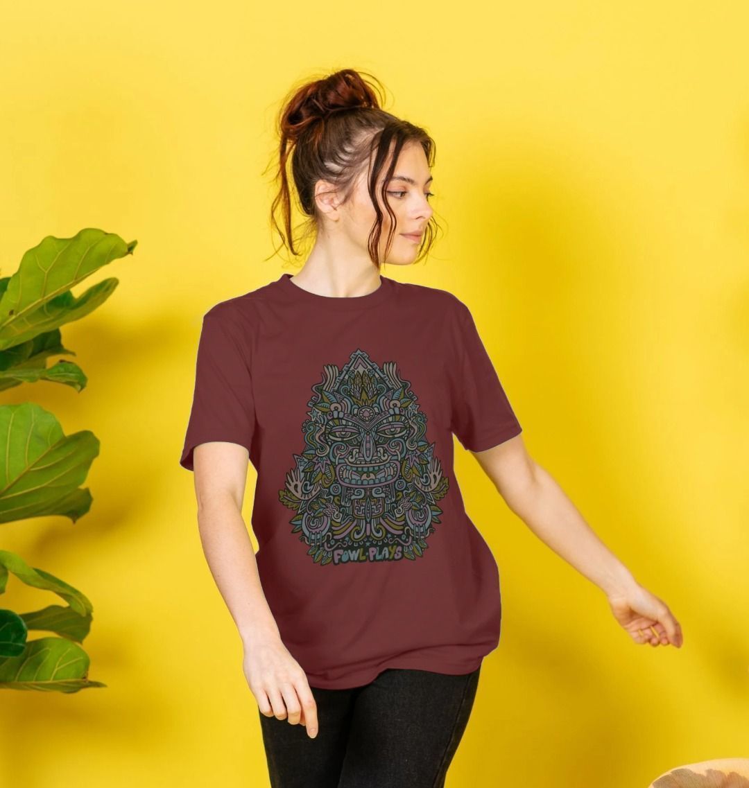 Organic Cotton Red Wine T-shirt featuring Triangular Mask Autumnal by Fowl Plays - Sustainable Fashion and Art At Fowl Plays