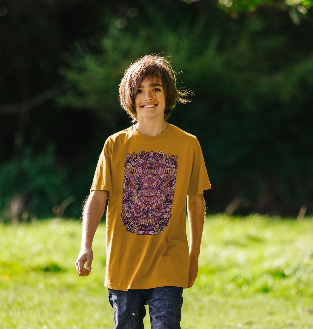 Organic Cotton Mustard Kids T-shirt featuring a Psychedelic Mask Red Edition by Fowl Plays - Sustainable Fashion and Art At Fowl Plays