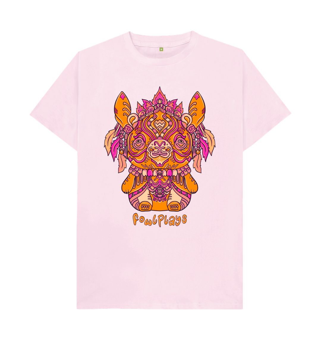 Organic Cotton Pink T-shirt featuring a Bunny Bear Forest Spirit by Fowl Plays - Sustainable Fashion and Art At Fowl Plays