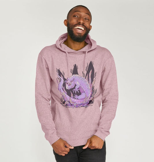 Organic Cotton Sunset Pink Recycled Hoodie featuring an Armadillo Lizard by Fowl Plays - Sustainable Fashion and Art At Fowl Plays.