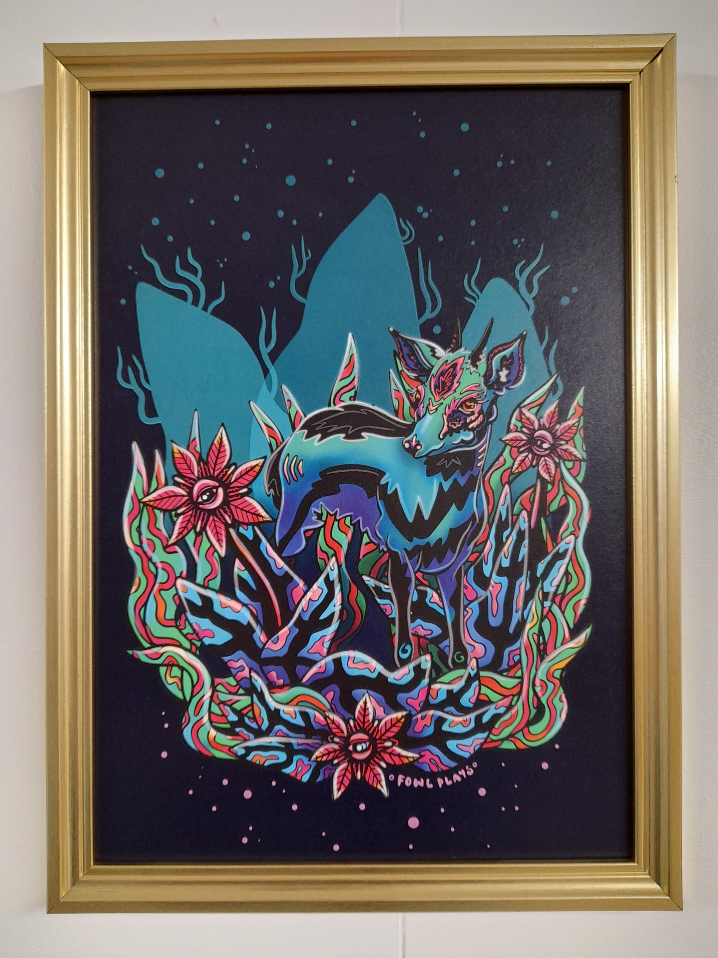 Framed Dik Dik in neon fantasy forest print.