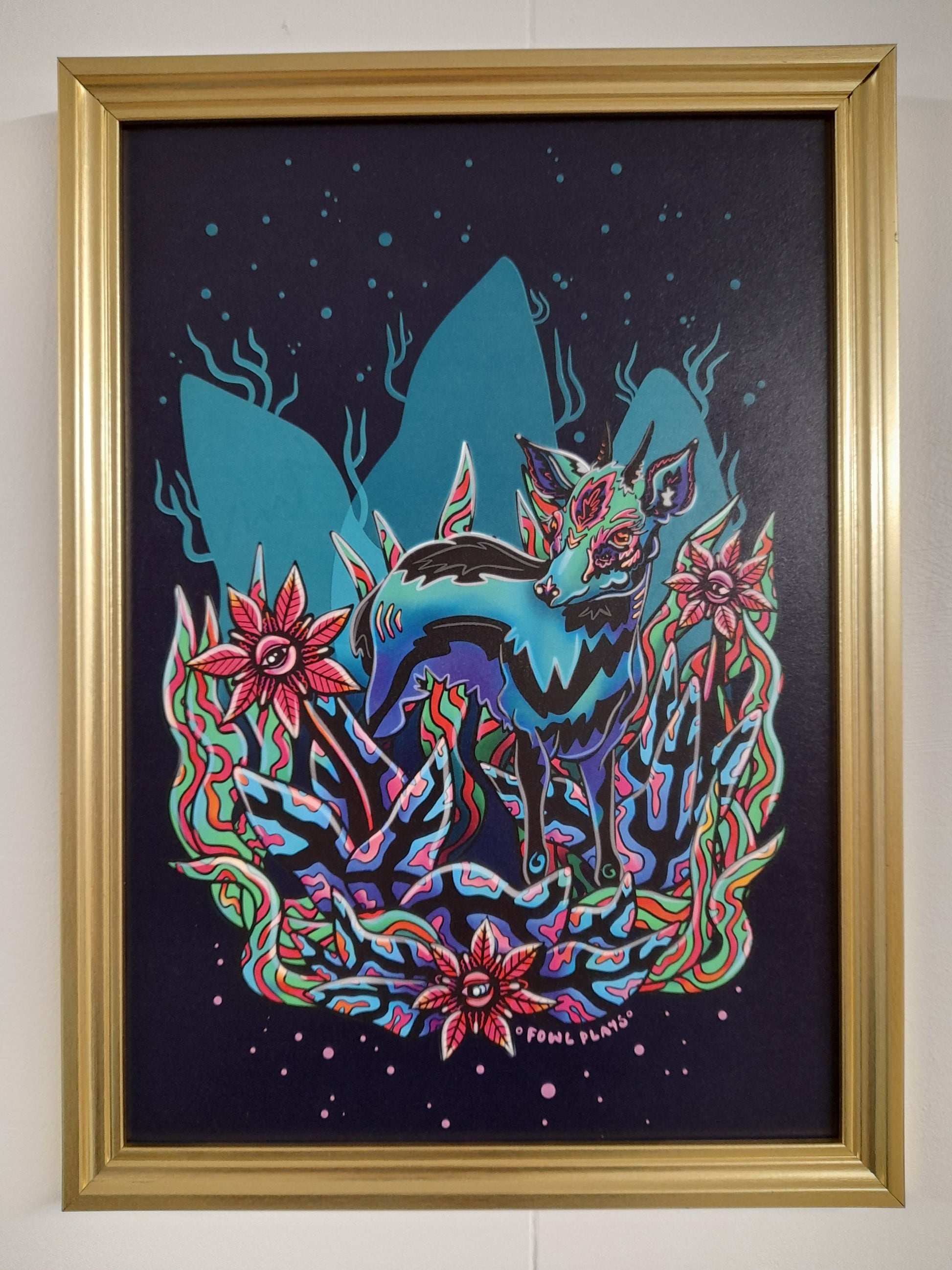 Framed Dik Dik in neon fantasy forest print.