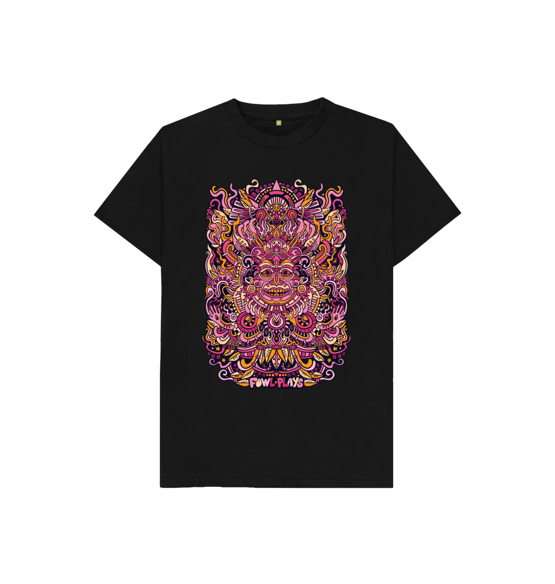 Organic Cotton Black Kids T-shirt featuring a Psychedelic Mask Red Edition by Fowl Plays - Sustainable Fashion and Art At Fowl Plays