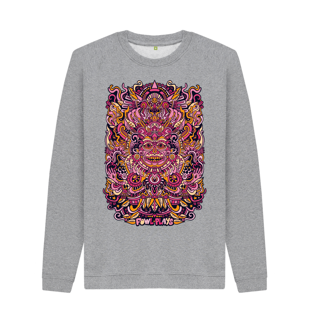 Light Heather Psychedelic Mask Organic Cotton Unisex Sweater Fire Print