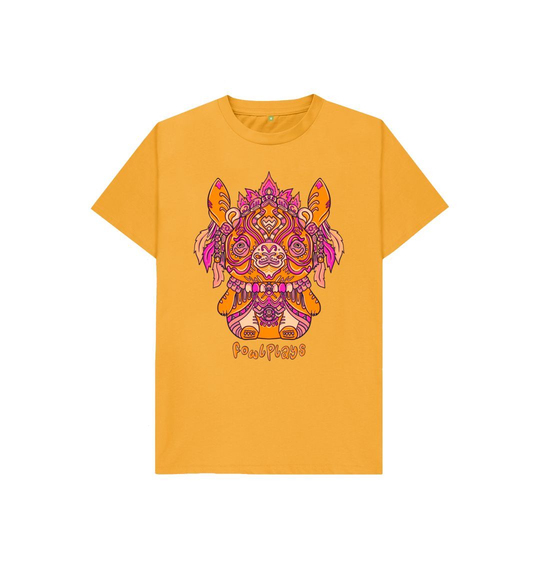 Organic Cotton Mustard Kids T-shirt featuring a Bunny Bear Forest Spirit by Fowl Plays - Sustainable Fashion and Art At Fowl Plays.