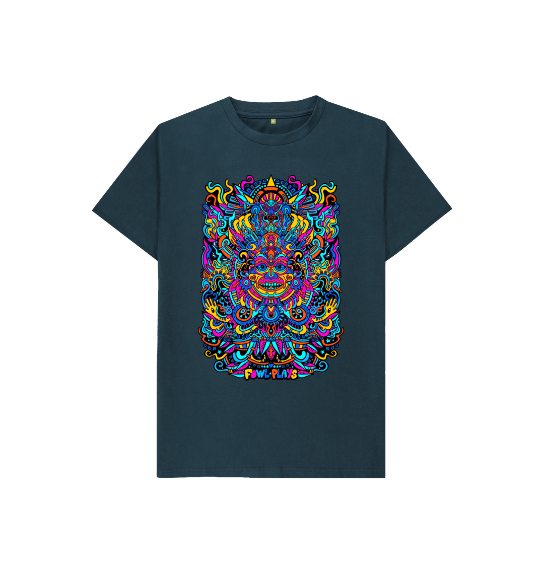 Organic Cotton Denim Blue Kids T-shirt featuring a Psychedelic Mask Blue Edition by Fowl Plays - Sustainable Fashion and Art At Fowl Plays