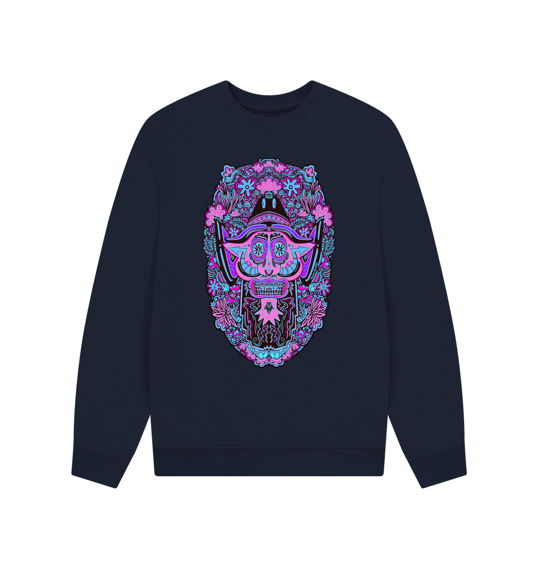 Navy Blue Mushroom Man Unisex Organic Cotton Oversized Sweater Neon Pop