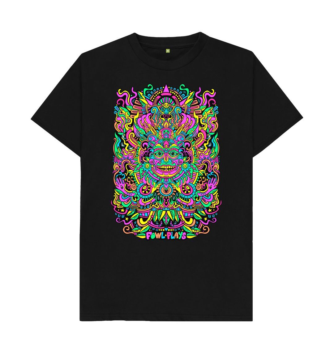 Organic Cotton Black T-shirt featuring a Psychedelic Mask Bright Pastel Edition by Fowl Plays - Sustainable Fashion and Art At Fowl Plays