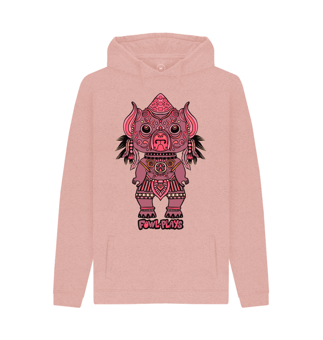 Organic Cotton Sunset Pink Recycled Hoodie featuring Tribal Pig Statue by Fowl Plays - Sustainable Fashion and Art At Fowl Plays.