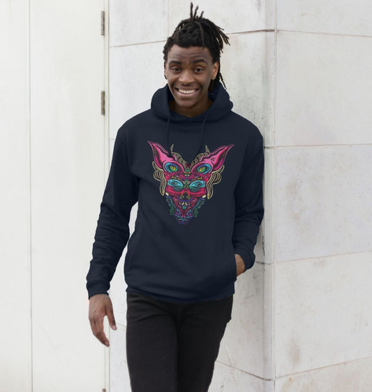 Organic Cotton Navy Blue Hoodie featuring Cyberpunk Dog Boy Pink by Fowl Plays - Sustainable Fashion and Art At Fowl Plays.