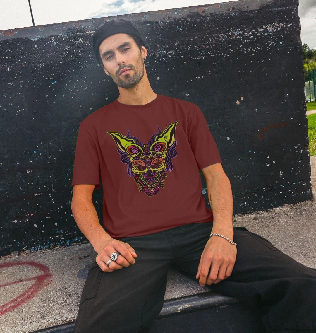 Organic Cotton Red Wine T-shirt featuring Cyberpunk Dog Boy by Fowl Plays - Sustainable Fashion and Art At Fowl Plays