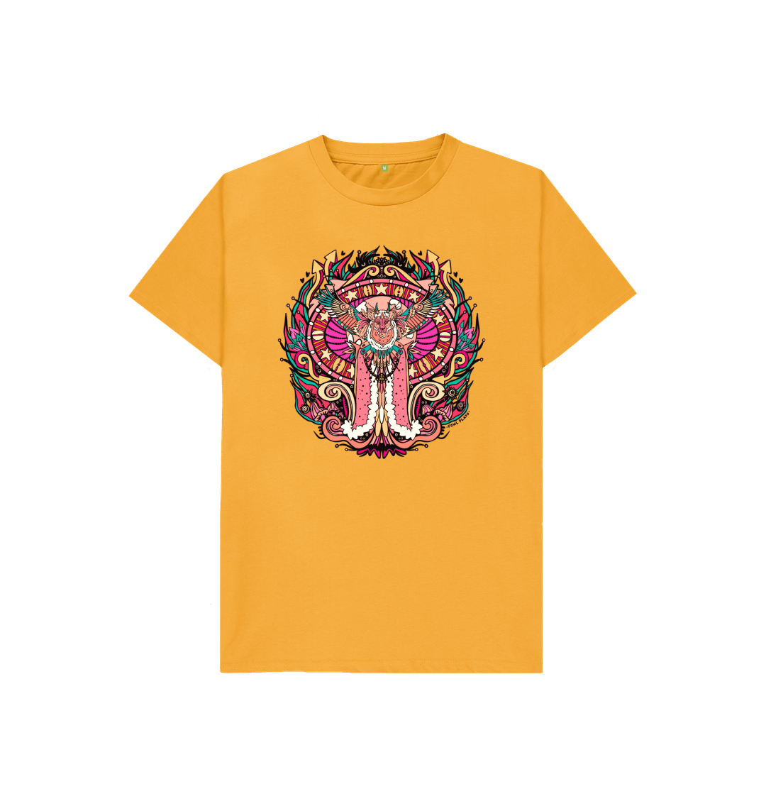 Flying Fire Lion by Fowl Plays on Kids Mustard Organic Cotton Unisex T-shirt Sustainable Fashion and Art At Fowl Plays