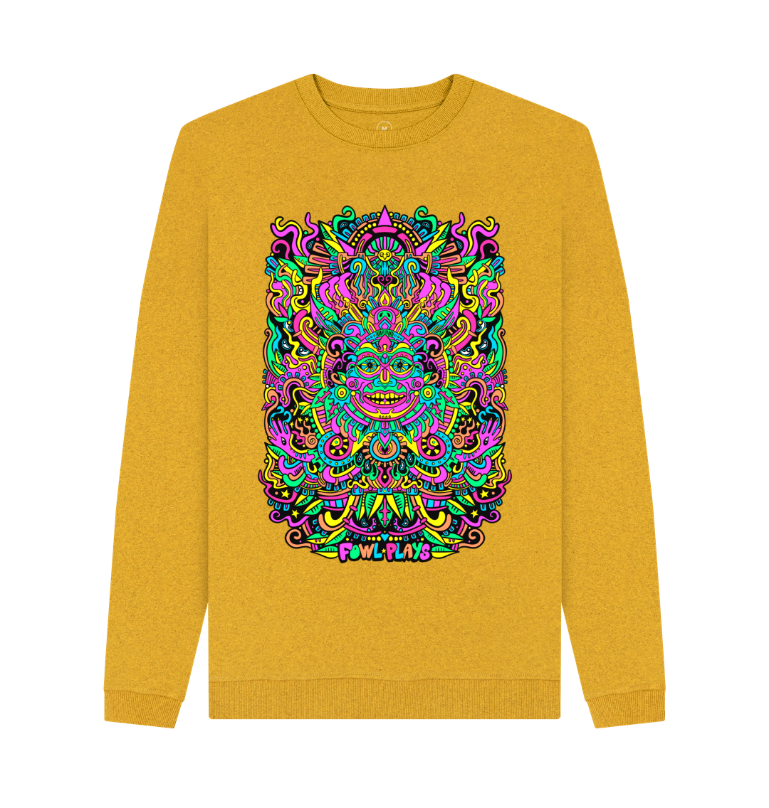 Sunflower Yellow Psychedelic Mask Unisex Organic Cotton Sweater Pastel Print