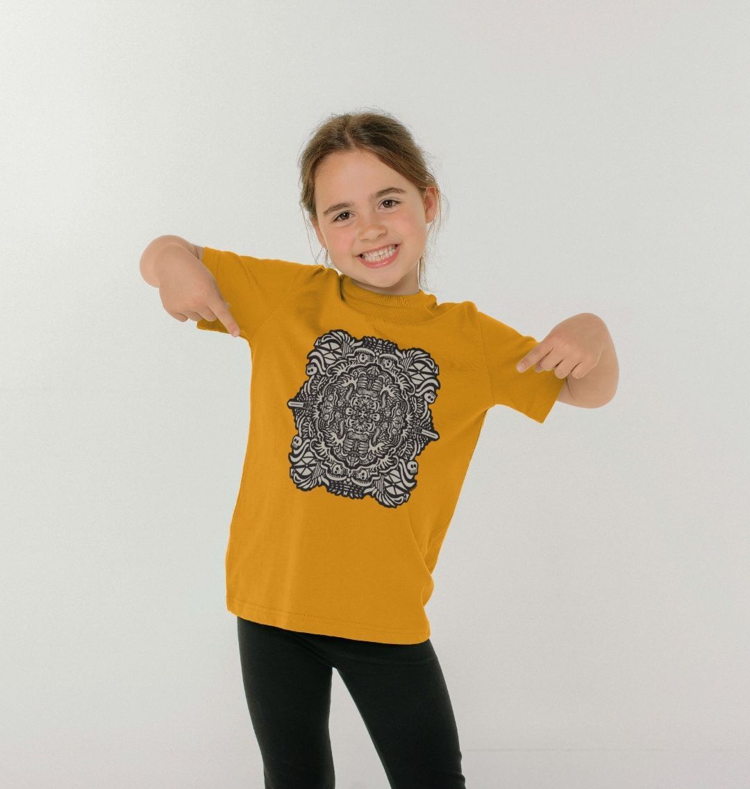 Organic Cotton Mustard Kids T-shirt featuring Pirate Plays Black and White by Fowl Plays - Sustainable Fashion and Art At Fowl Plays