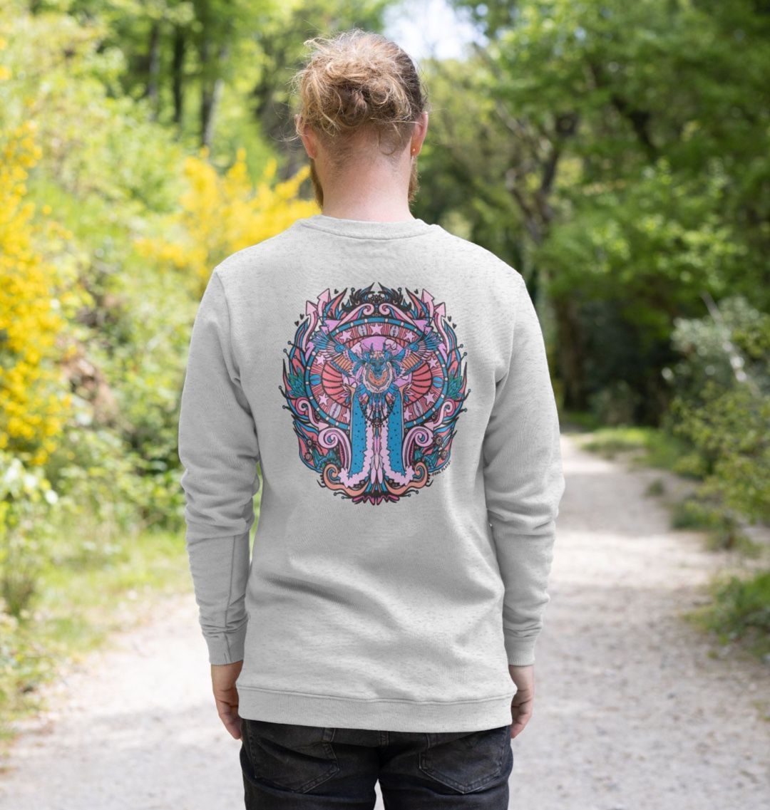 Flying Fire Lion by Fowl Plays on Grey Organic Cotton Recycled Unisex Back Sweater Sustainable Fashion and Art At Fowl Plays