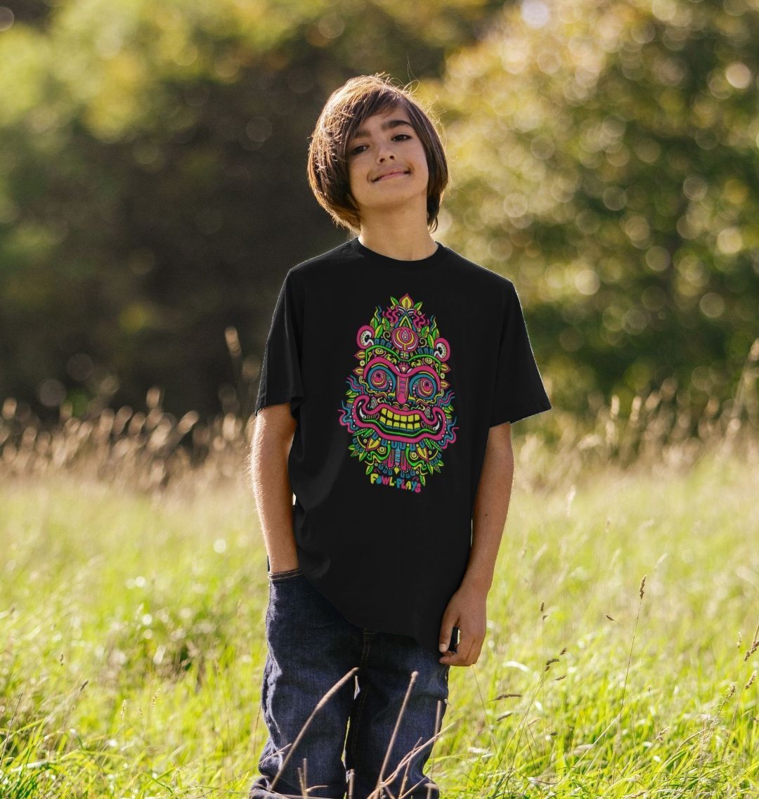 Organic Cotton Black Kids T-shirt featuring Smiling Mask Primary by Fowl Plays - Sustainable Fashion and Art At Fowl Plays