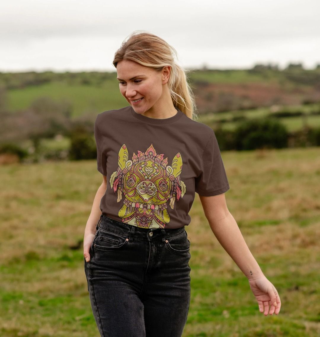 Organic Cotton Chocolate T-shirt featuring a Bunny Bear Forest Spirit by Fowl Plays - Sustainable Fashion and Art At Fowl Plays.