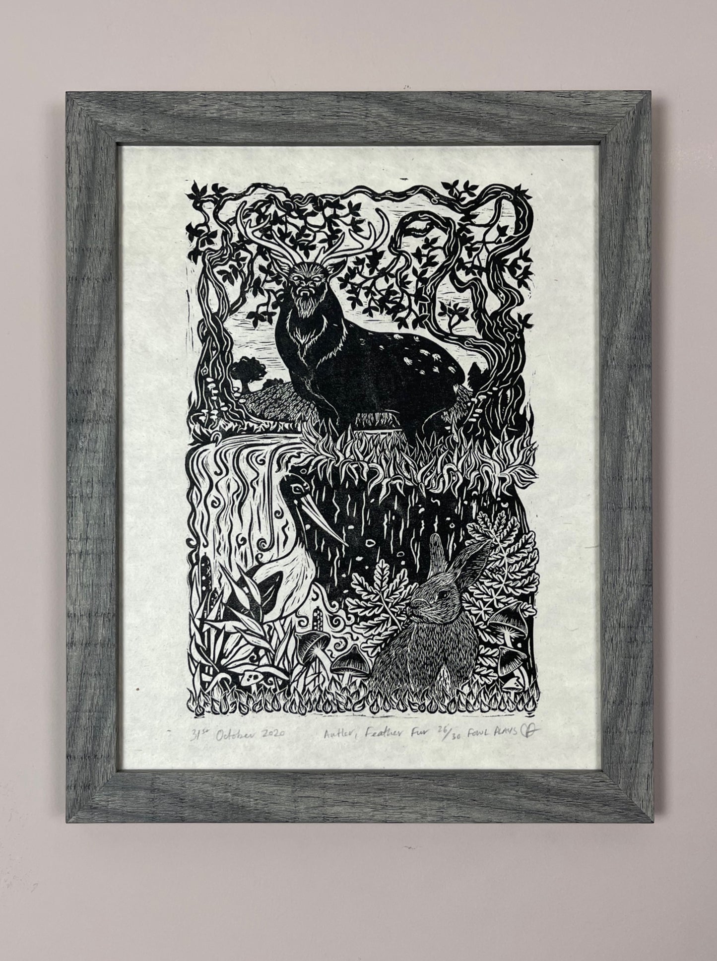 SALE Stag Stork Rabbit Lino Print