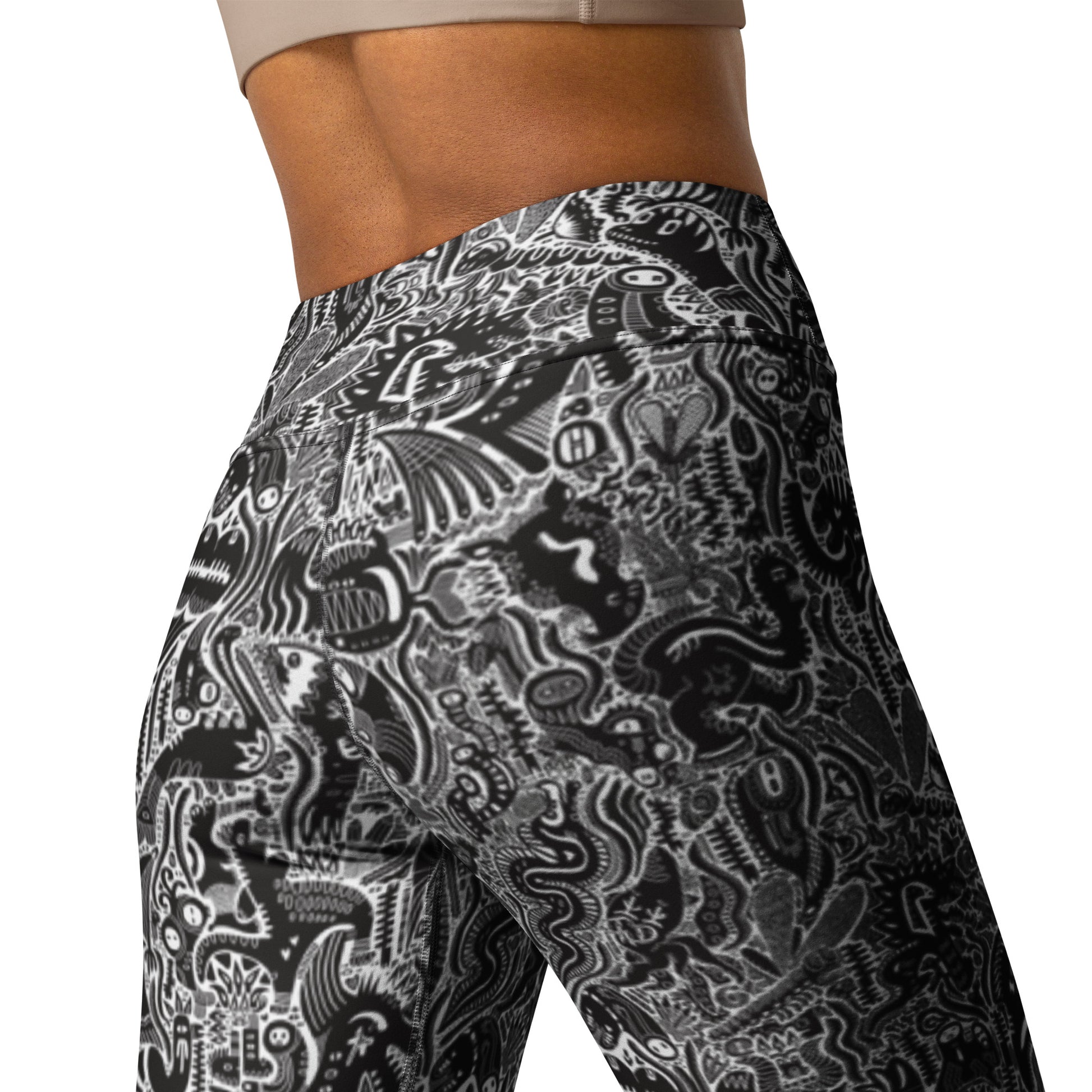 Black and white dinosaur print leggings – Monochrome Edition by Fowl Plays Print Emporium.