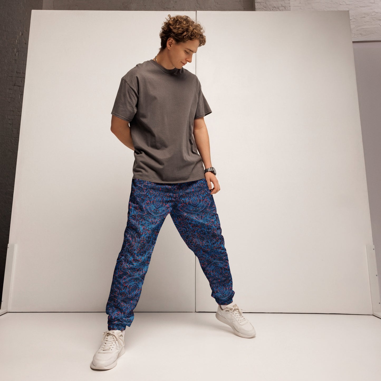 Blue and pink Kaleidoscope Mandala Joggers – unisex festival streetwear by Fowl Plays Print Emporium