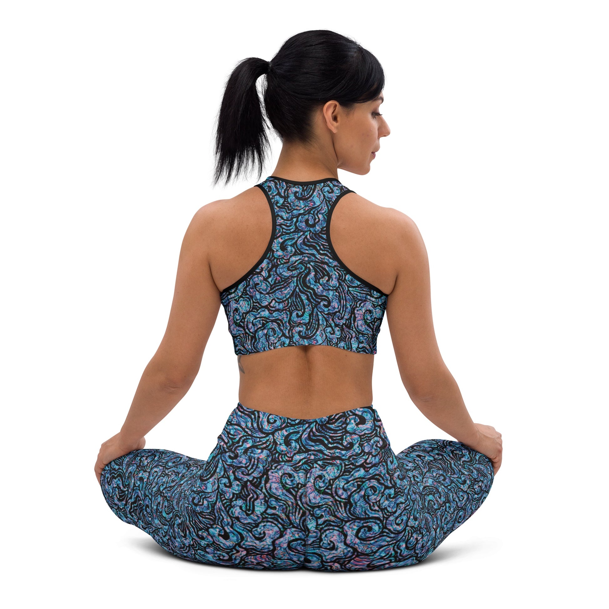 Model wearing Blue Waves leggings by Fowl Plays Print Emporium with matching crop top back