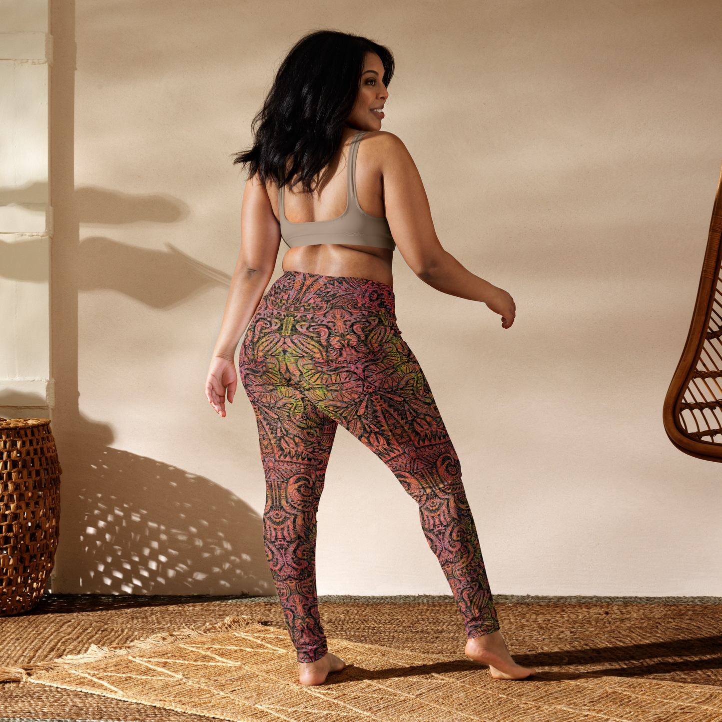 Model wearing Cactus County Plus Size leggings by Fowl Plays Print Emporium.