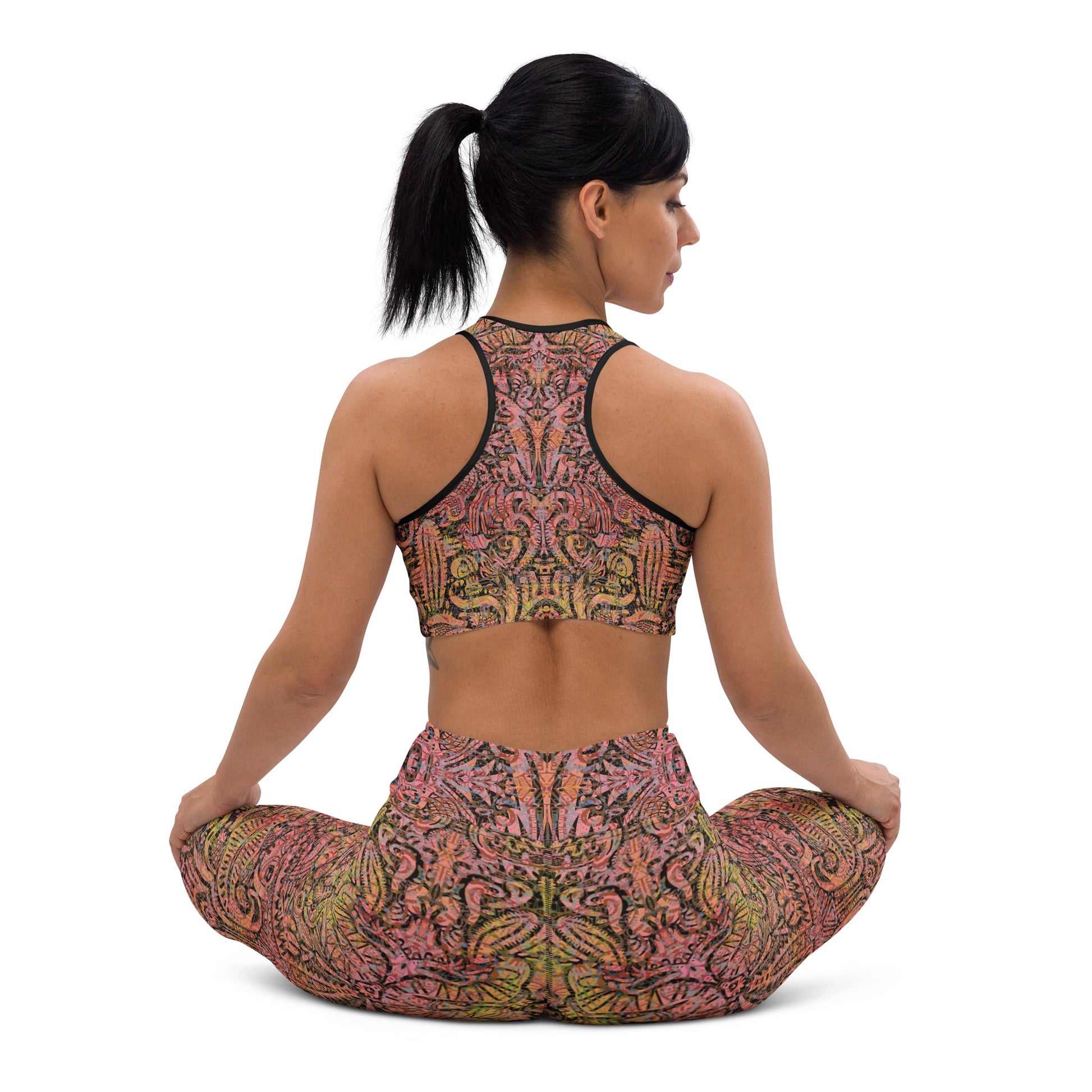 Sand and pink psychedelic leggings and crop top inspired by desert textures and cacti – yoga or festival wear back