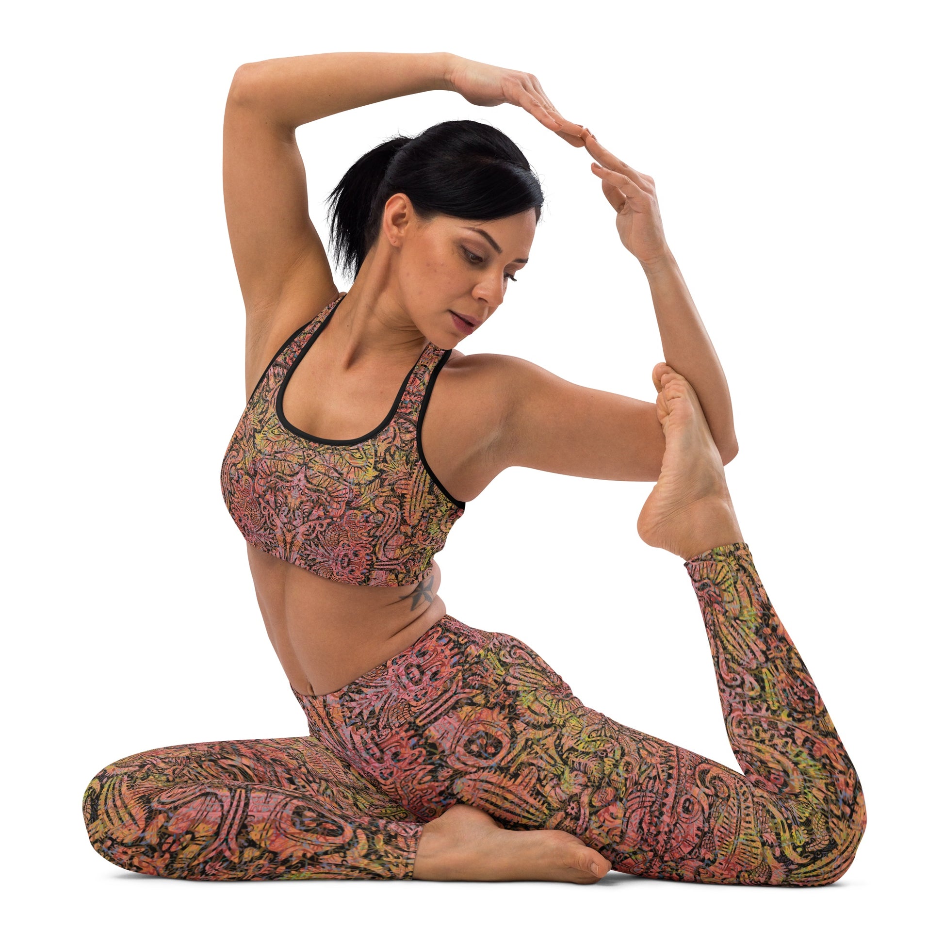 Sand and pink psychedelic leggings and crop top inspired by desert textures and cacti – yoga or festival wear