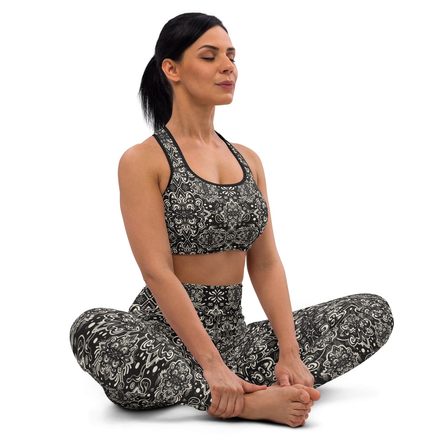 Black and white lucky cat print leggings and crop top – Catnip Statement Leggings by Fowl Plays Print Emporium.