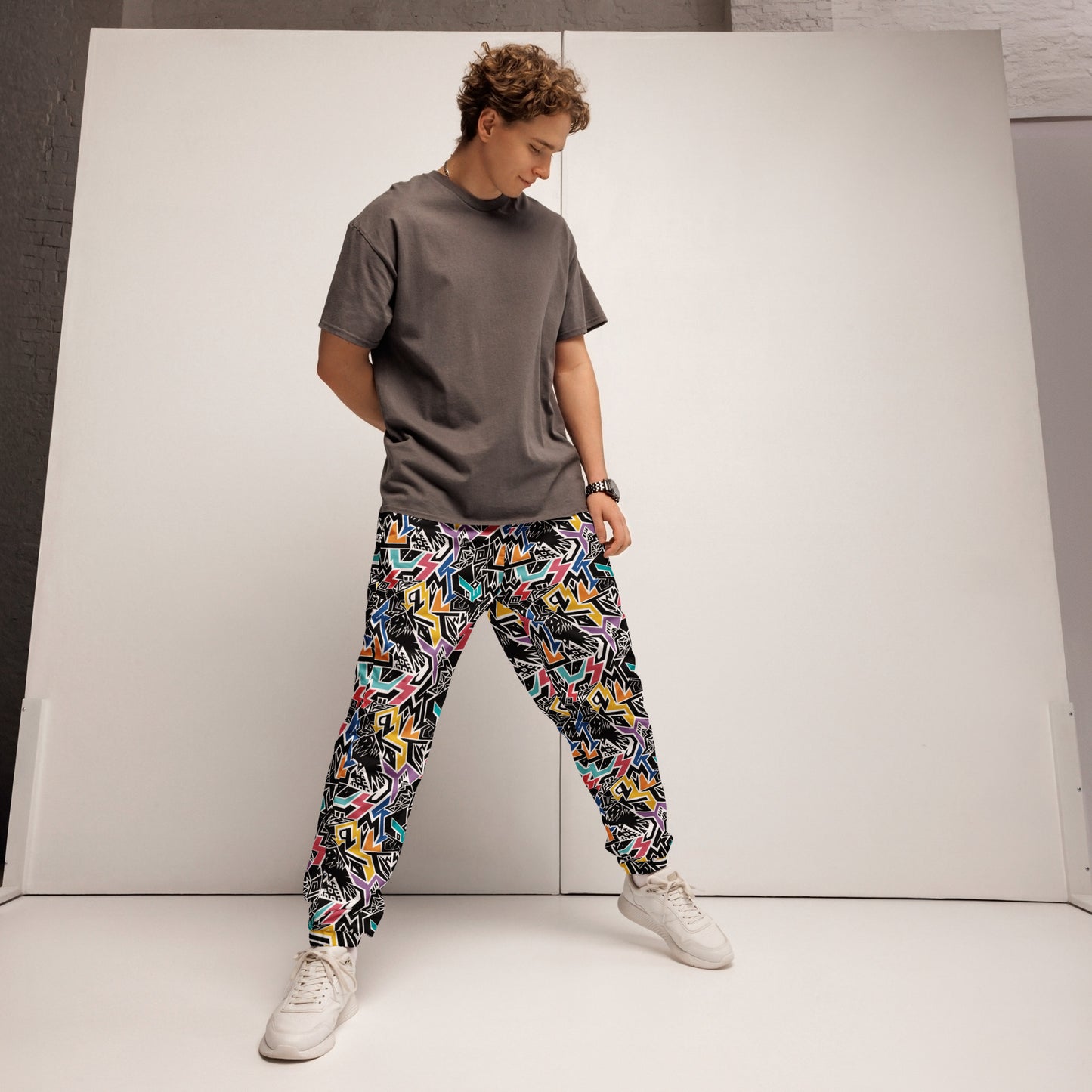Colourful rainbow Smile At Life Joggers – unisex festival streetwear by Fowl Plays Print Emporium