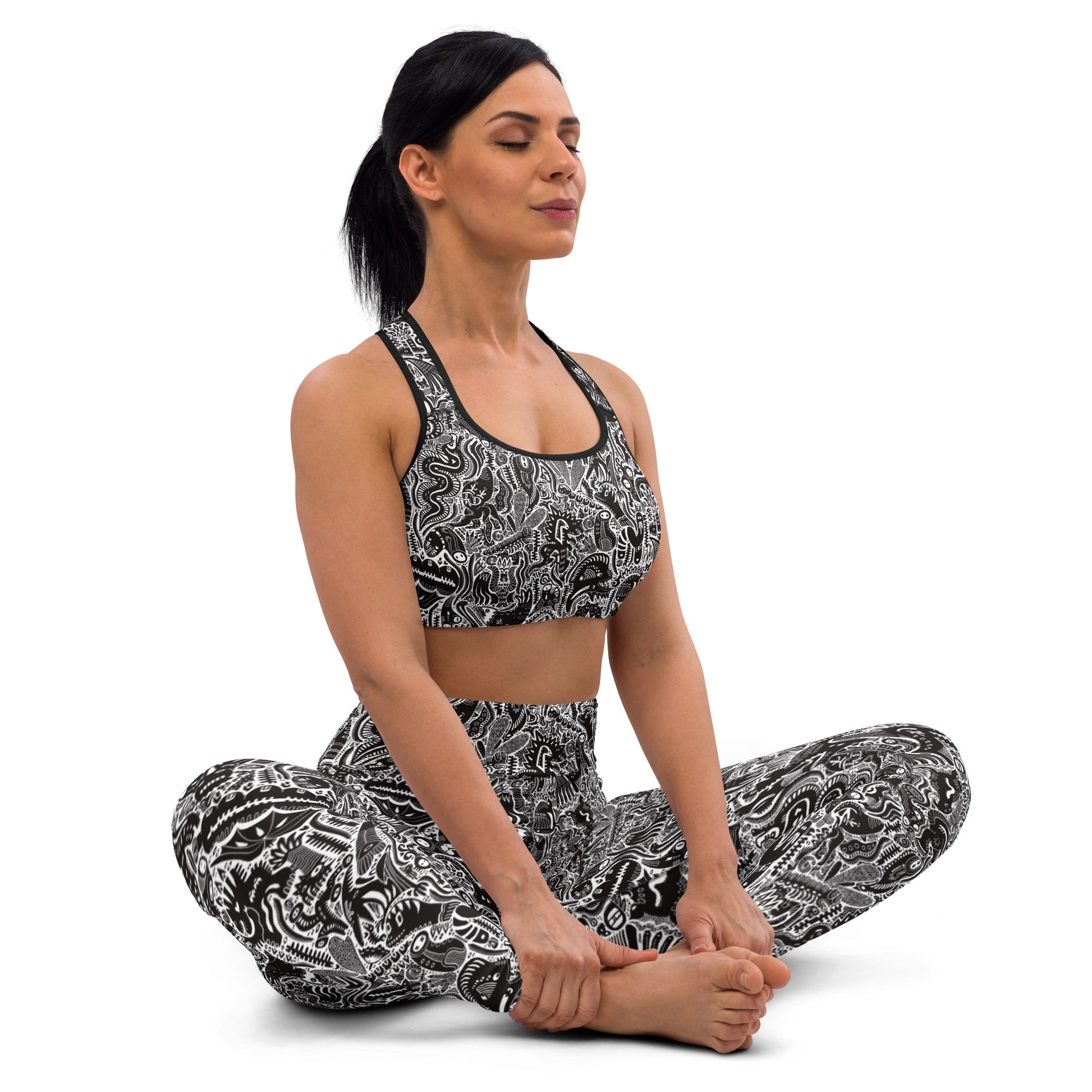 Black and white dinosaur print crop top and leggings – Original Dinosaur Edition by Fowl Plays Print Emporium