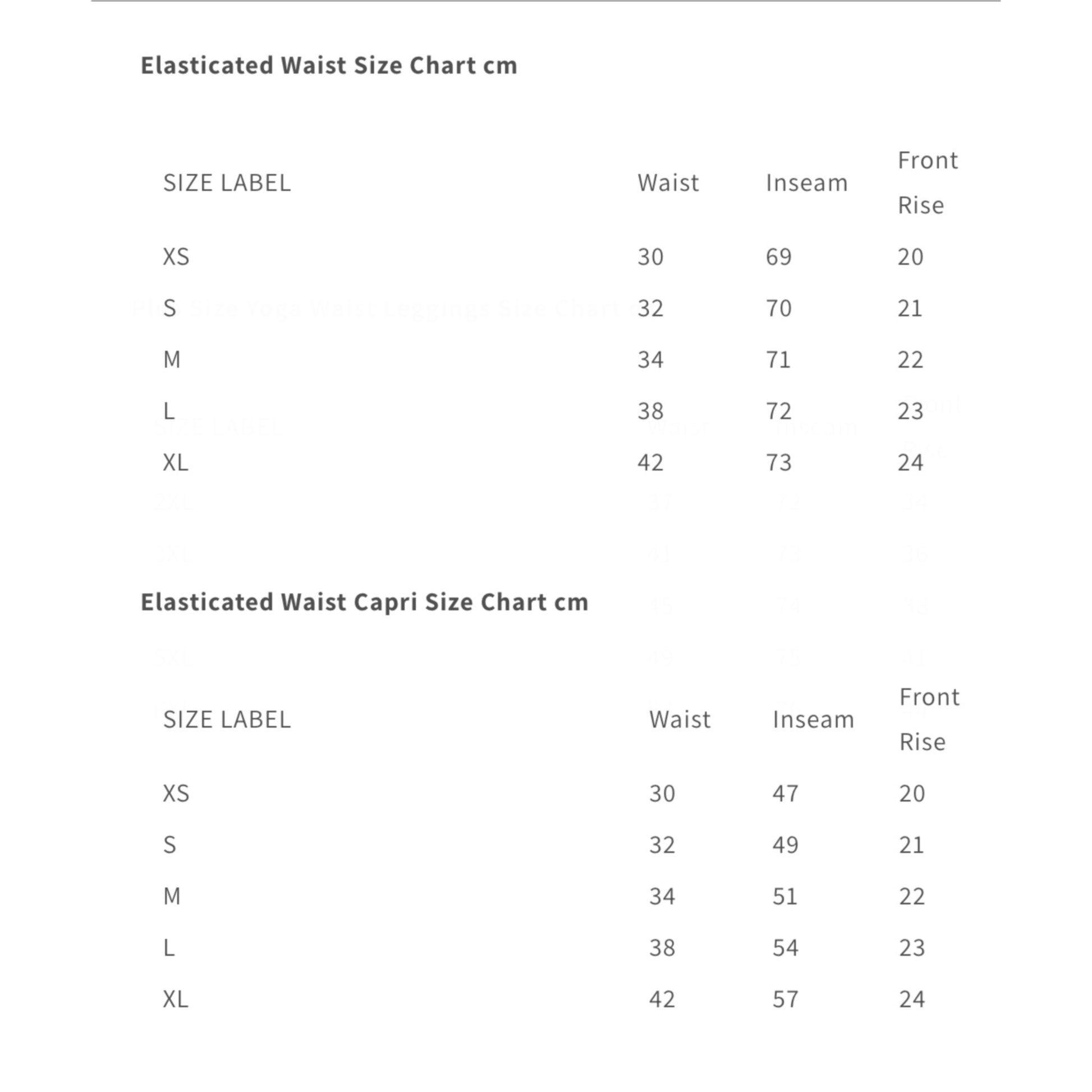 Leggings size chart – elasticated, capri, elasticated fits