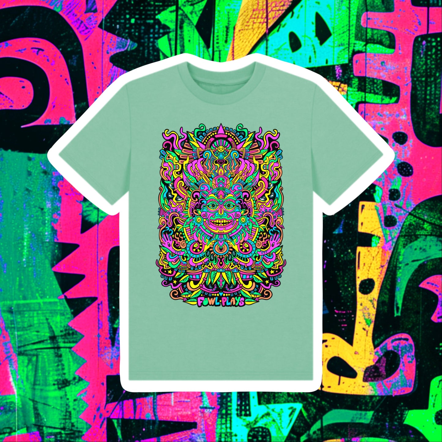 Psychedelic Mask Organic Cotton Kids Unisex T-shirt Bright Mint