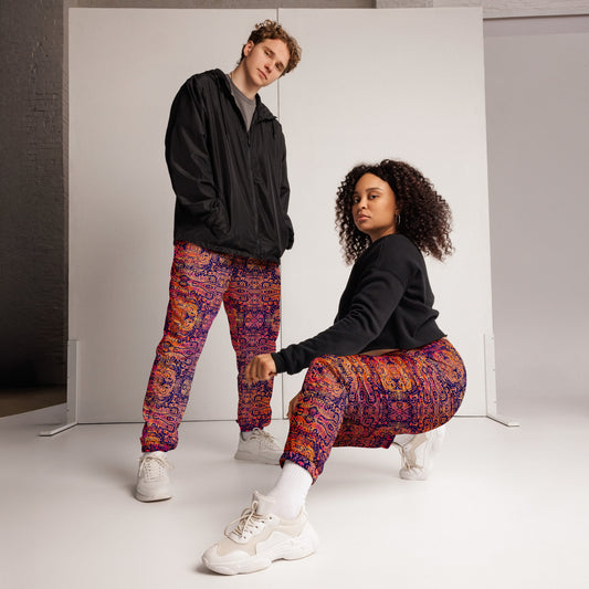 Orange, pink, and purple Ground Up Joggers – unisex festival streetwear by Fowl Plays Print Emporium