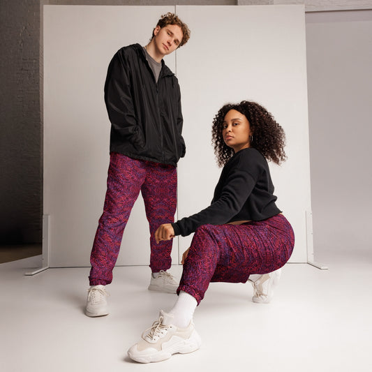 Purple and magenta Magenta Bones Joggers – unisex festival streetwear by Fowl Plays Print Emporium