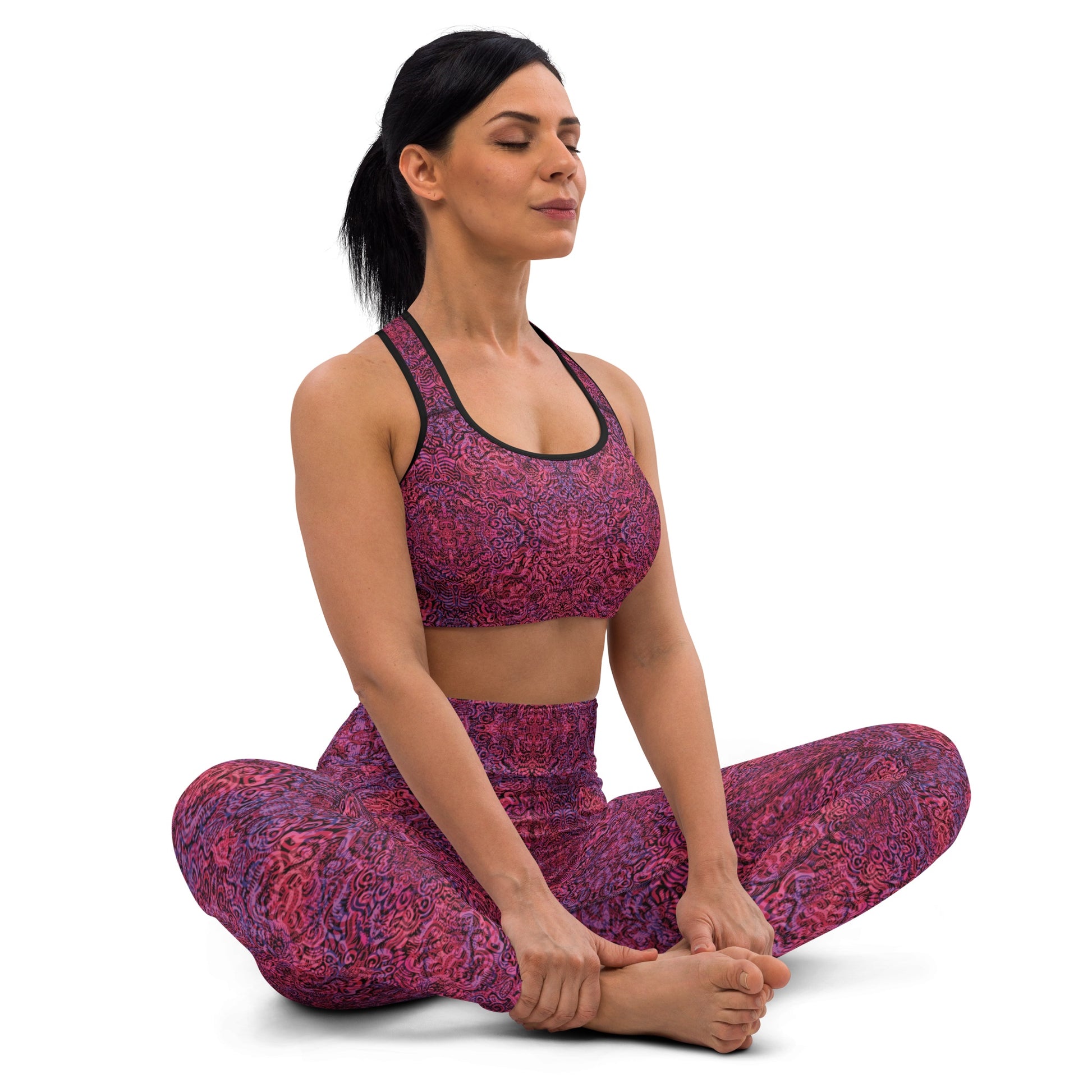 Magenta and purple patterned leggings and crop top featuring a bone-inspired design, exclusive to Fowl Plays Print Emporium. yoga waist
