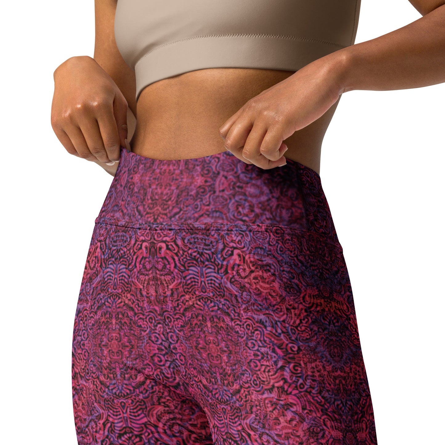 Magenta and purple patterned leggings featuring a bone-inspired design, exclusive to Fowl Plays Print Emporium. front.