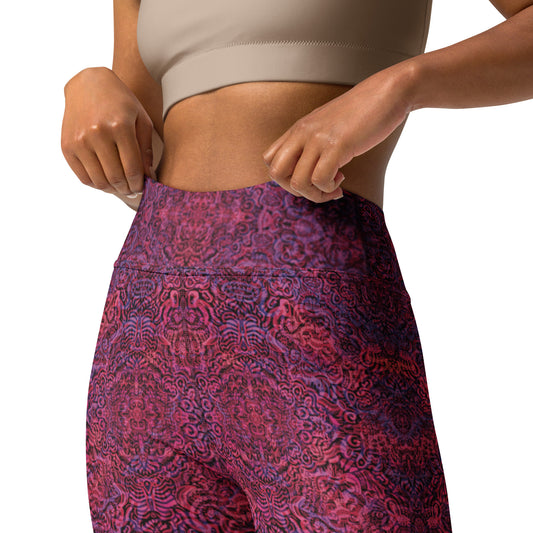Magenta and purple patterned leggings featuring a bone-inspired design, exclusive to Fowl Plays Print Emporium. front.