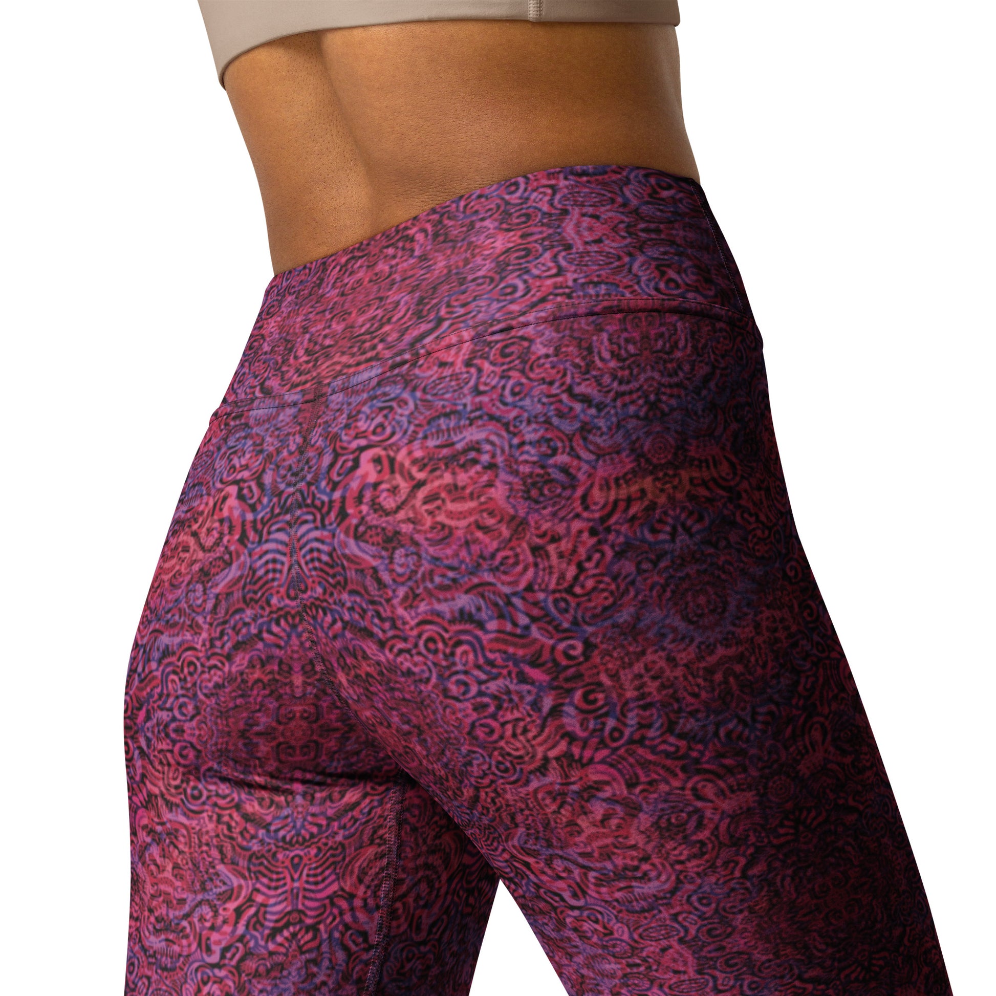 Magenta and purple patterned leggings featuring a bone-inspired design, exclusive to Fowl Plays Print Emporium. Back