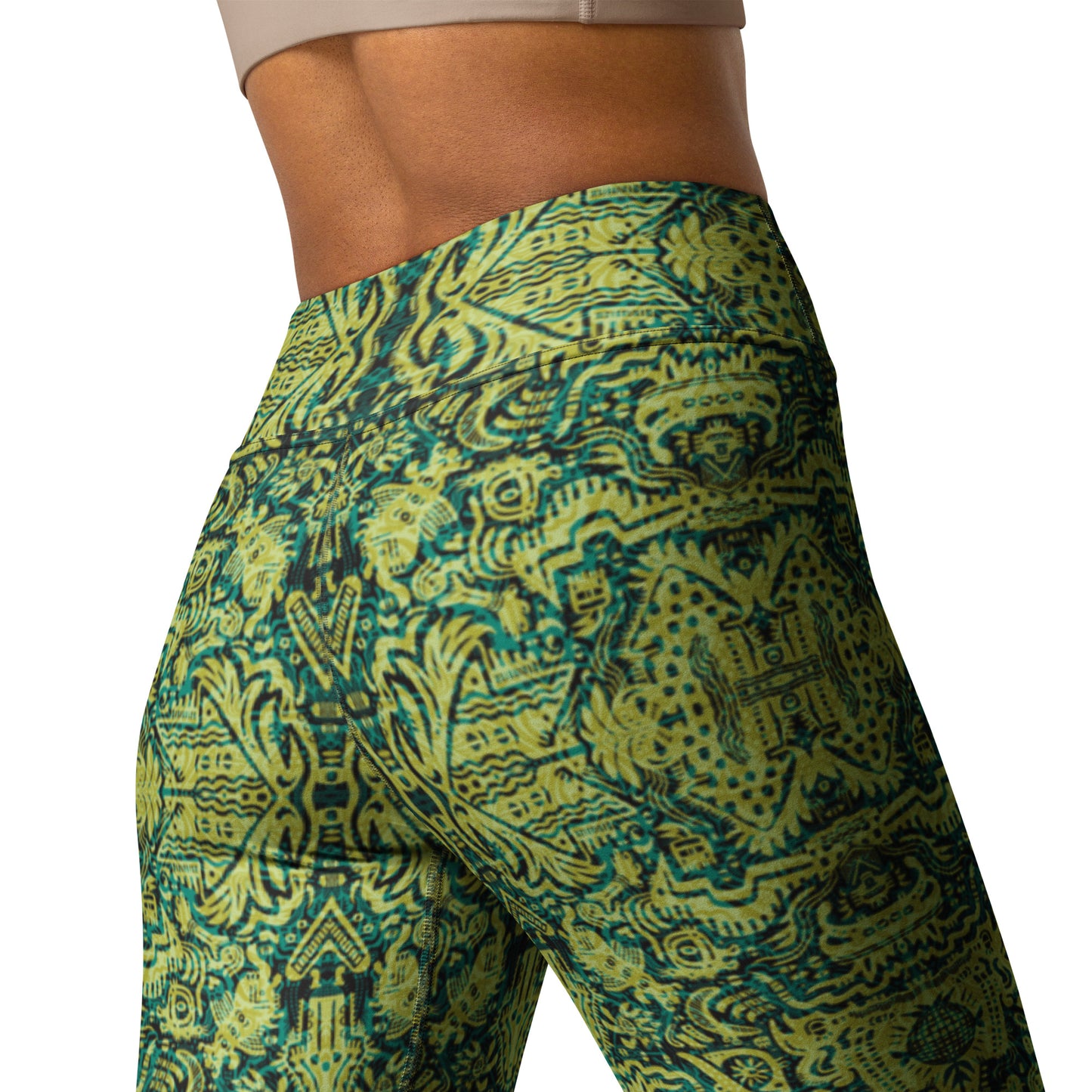 Green and lemon patterned leggings inspired by the 90s dance scene, designed by Fowl Plays Print Emporium.